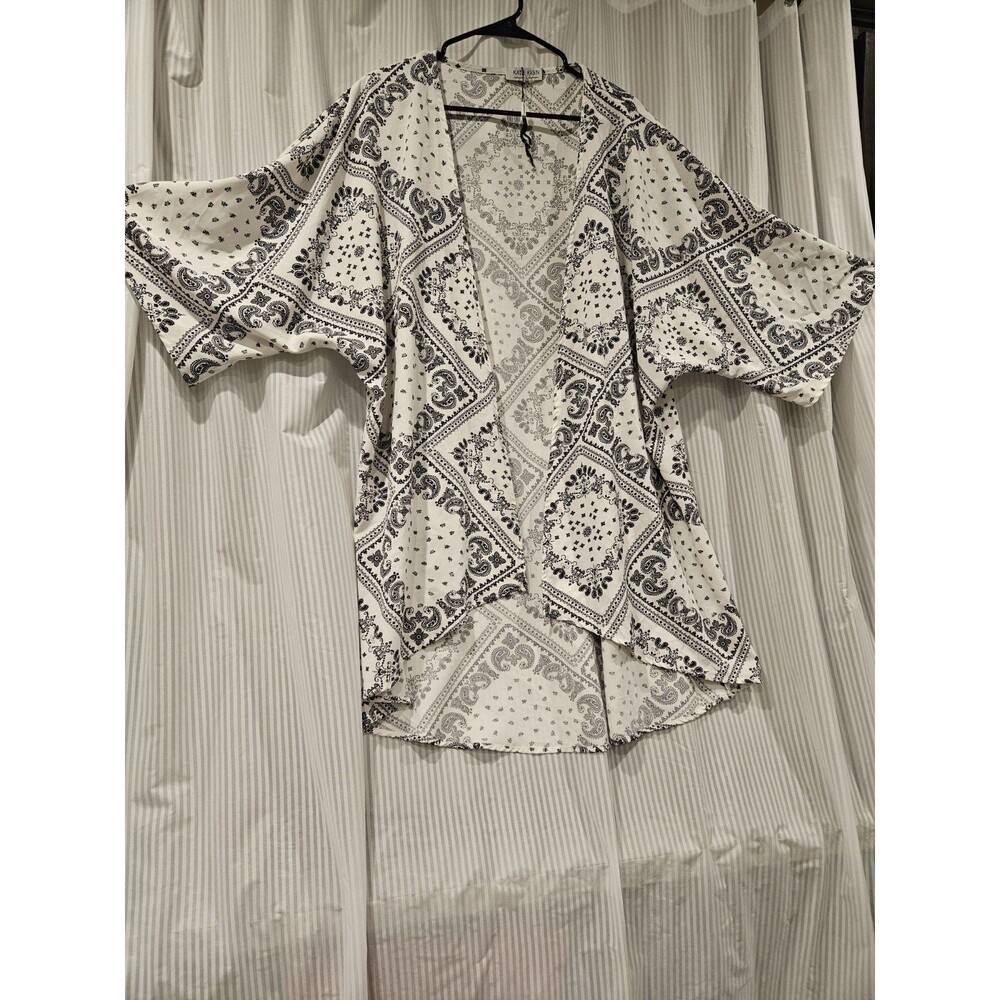 Kate Kasin Paisley Print Black White 3/4 Kimono Jacket Open Front Sz L Shawl